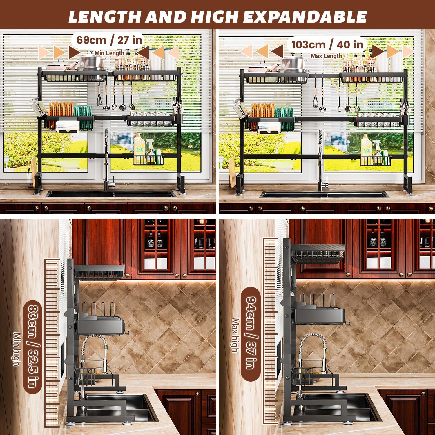 Over The Sink Dish Drying Rack 27-40L x 12W x 32.5-37H (inches) (Expandable Height and Length) Snap-On Design 2 Tier Large Dish Rack